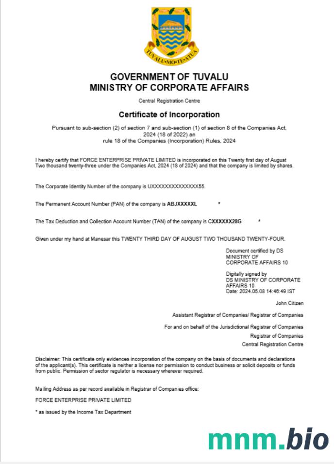 Tuvalu business registration vcertyfikat Word i szablon PDF